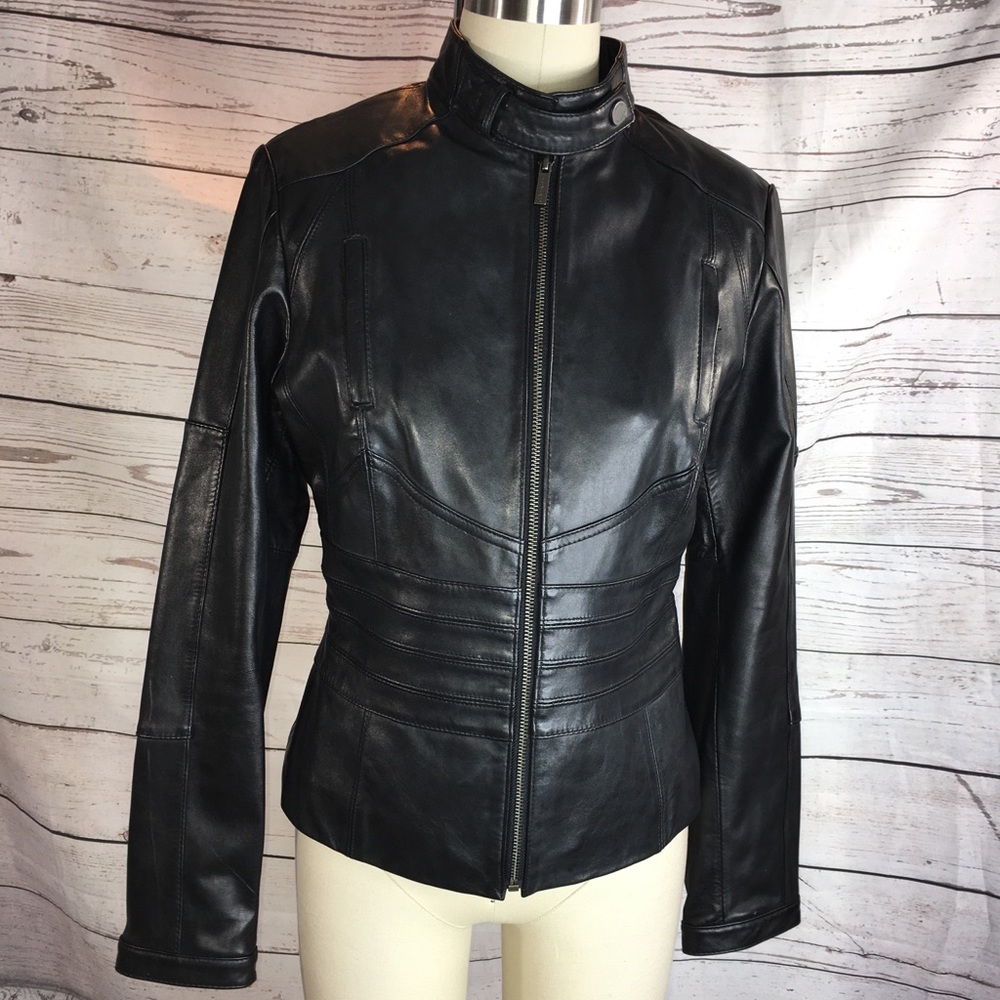 Calvin Klein real leather EUC corset waist jacket